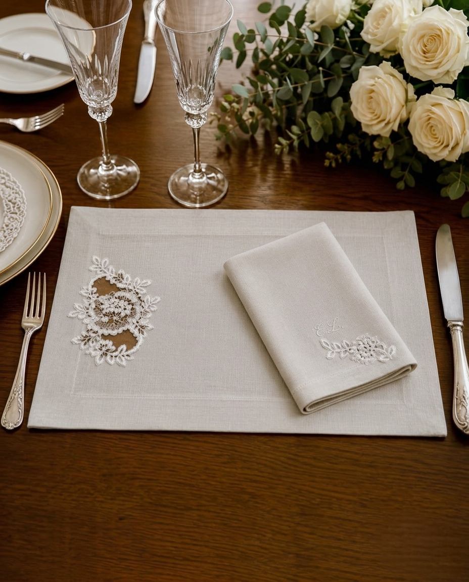Embroidered Lace Linen Placemat & Napkin Set of 6