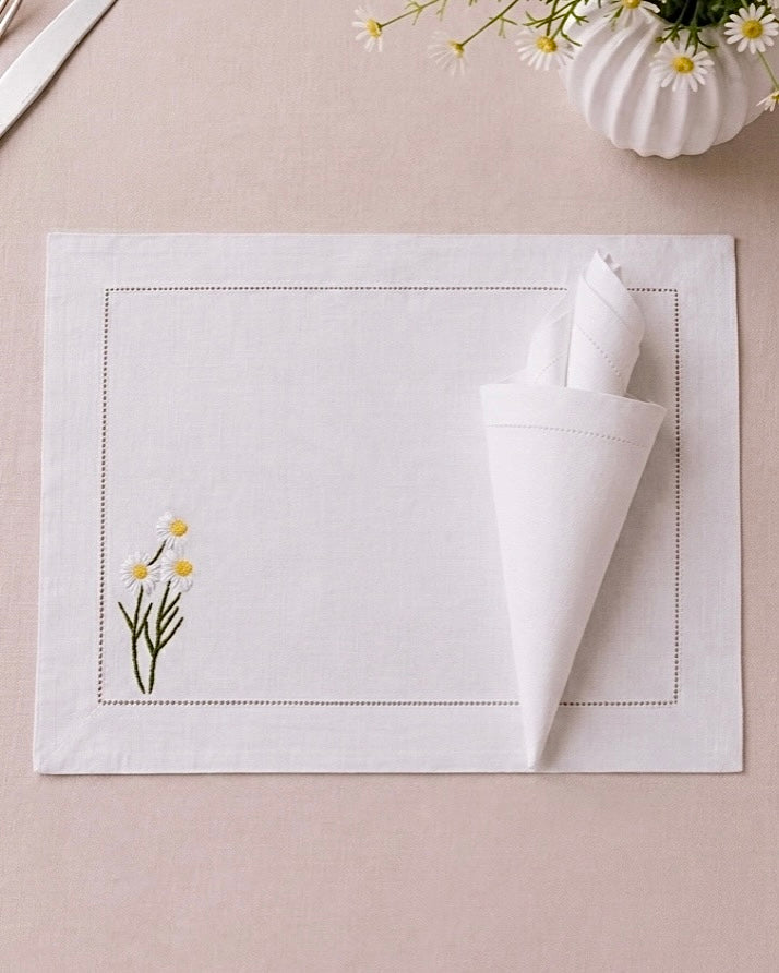 Embroidered Chamomile Linen Placemat & Napkin Set of 12